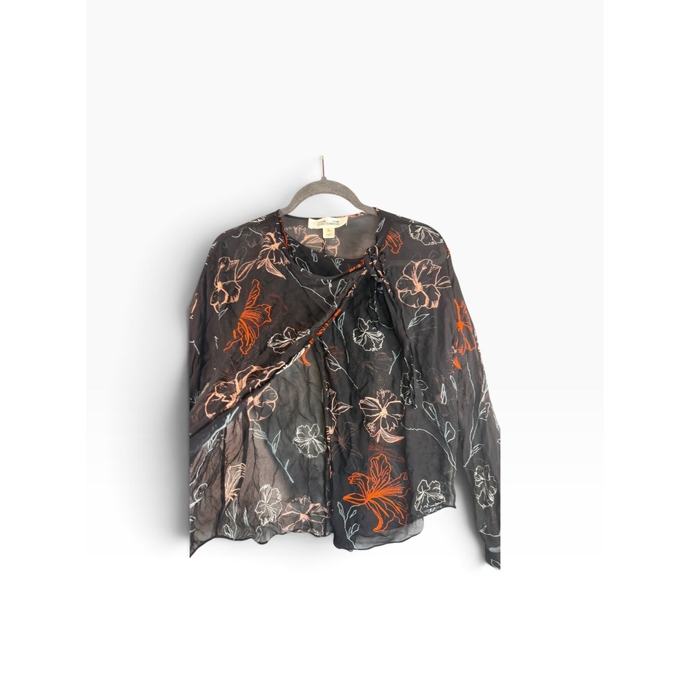 Diane von Furstenberg DVF Black Floral Silk Tie Neck Wrap Blouse Size 6 - Picture 7 of 7